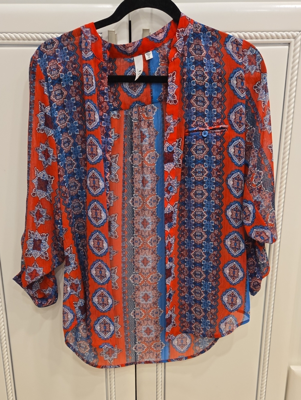 Kut from the Kloth Red and Blue Printed Open-Front Button Down Shirt